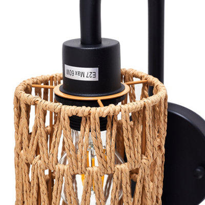 Black Wall Lamp with Twisted Rope Shade, Bedside Wall Lamp with Tray ...