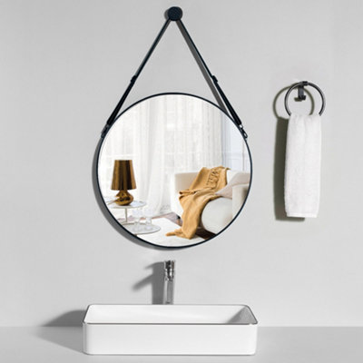 Black Wall Mounted Framed Bathroom Mirror Adjustable Height Vanity Mirror Dia 70 cm