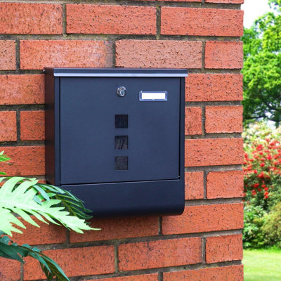 Black Wall Mounted Lockable Letterbox - Stainless Steel Mail Box with Top Opening Flap, Newspaper Holder & Name or Number Slot