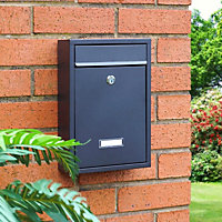 Black Wall Mounted Lockable Letterbox - Weather Resistant Galvanised Steel Modern Design Mail Letter Box - H32 x W22 x D8.5cm