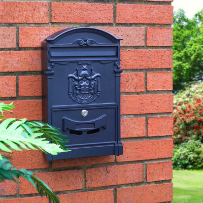 Black Wall Mounted Lockable Letterbox - Weather Resistant Galvanised Steel  Retro Style Post Mail Box - Measures H41 x W25.5 x D9cm