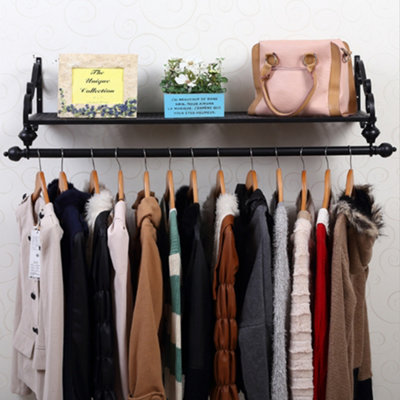 Black Wall Mounted Metal Garment Clothes Rail with Storage Shelf L900 mm