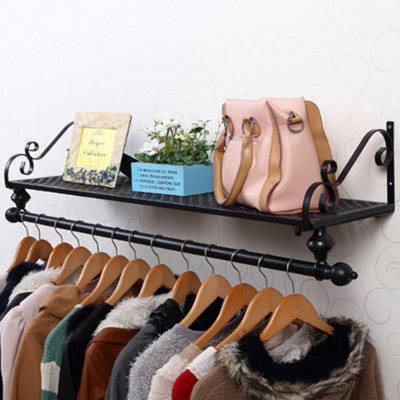 Black Wall Mounted Metal Garment Clothes Rail with Storage Shelf L900 mm DIY at B Q