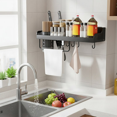 Black Wall-Mounted Multi-functional Kitchen Utensil Storage Rack, 40cm ...
