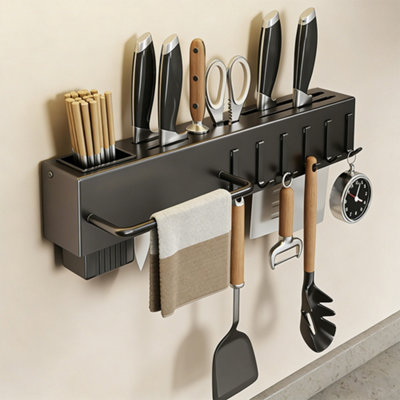 Black Wall-Mounted Multi-functional Kitchen Utensil Storage Rack, 40cm ...