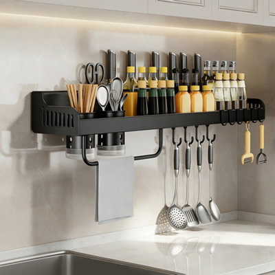 Black Wall-Mounted Multi-functional Kitchen Utensil Storage Rack, 50cm ...