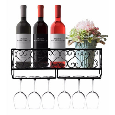 Black Wall Mounted Wine Rack with 6 Wine Glass Holder W 50 cm x D 10 cm x H 17 cm