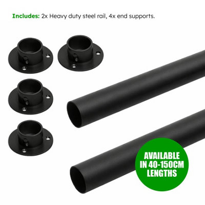 Black Wardrobe Rail, Set of 2x 100cm Wall Mounted Clothes Hanging Rail