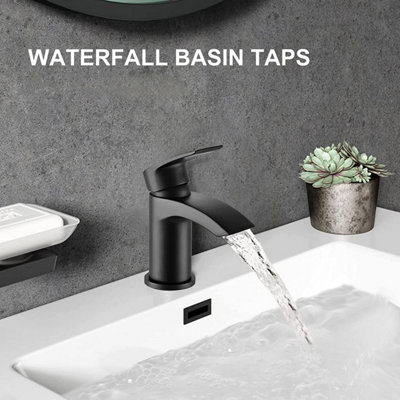 Black Waterfall Basin Mixer Taps with Drain Monobloc Chromed Brass Basin Taps with Sink Plug