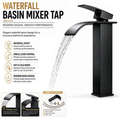 Black Waterfall Tall Basin Mixer Tap, Single Lever Square Mono Bathroom Sink Tap for Hot & Cold Water