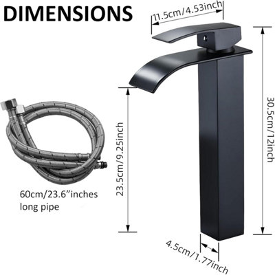 Black Waterfall Tall Basin Mixer Tap, Single Lever Square Mono Bathroom Sink Tap for Hot & Cold Water