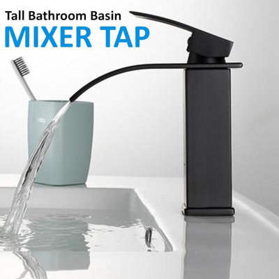 Black Waterfall Tall Basin Mixer Tap, Single Lever Square Mono Bathroom Sink Tap for Hot & Cold Water