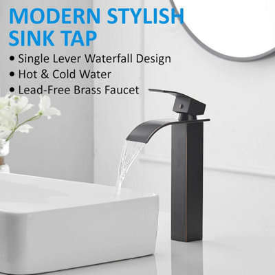 Black Waterfall Tall Basin Mixer Tap, Single Lever Square Mono Bathroom Sink Tap for Hot & Cold Water