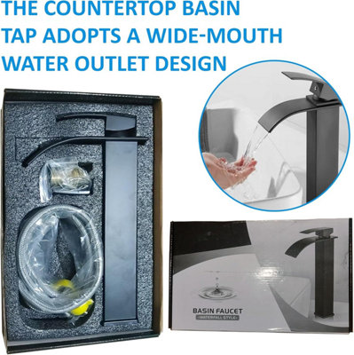 Black Waterfall Tall Basin Mixer Tap, Single Lever Square Mono Bathroom Sink Tap for Hot & Cold Water