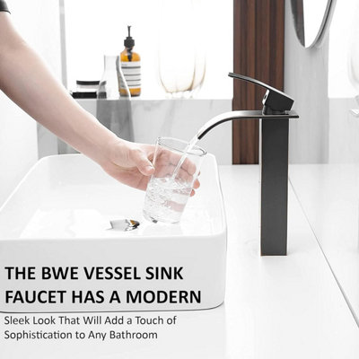 Black Waterfall Tall Basin Mixer Tap, Single Lever Square Mono Bathroom Sink Tap for Hot & Cold Water