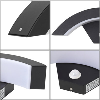 Black Waterproof Outdoor LED Wall Light Curved Shaped Garden Lamp with PIR Motion Sensor