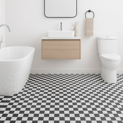 Black White Checkerboard Tile Effect Vinyl Flooring Waterproof Lino Vinyl Bathroom Floor Roll