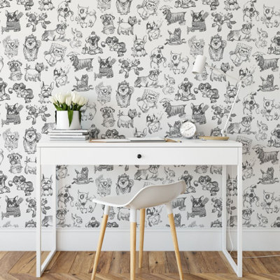 Black White Dog Wallpaper Fun Quirky Pooches Feature Wall