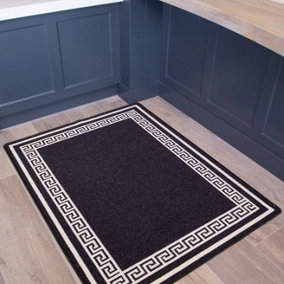 Black White Geometric Bordered Non Slip Washable Kitchen Utility Mat 120x160cm