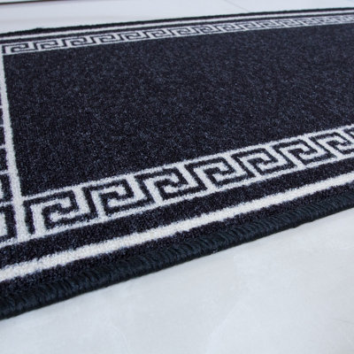 Black White Geometric Bordered Non Slip Washable Kitchen Utility Mat 66x200cm