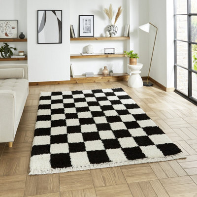 Black White Geometric Shaggy Rug, Stain-Resistant 45mm Pile Modern Rug for Bedroom, Living, & Dining Room-160cm X 230cm