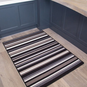 Black White Grey Striped Non Slip Washable Kitchen Utility Mat 120x160cm