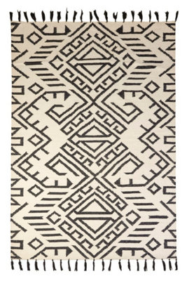 Black White Kilim Handmade Modern Chequered Geometric Wool Dining Room Bedroom & Living Room Rug-160cm X 210cm