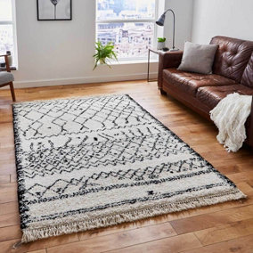 Black/White Kilim Modern Shaggy Moroccan Easy to Clean Abstract Geometric Rug For Dining Room-120cm X 170cm
