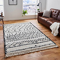 Black/White Kilim Modern Shaggy Moroccan Easy to Clean Abstract Geometric Rug For Dining Room-200cm X 290cm