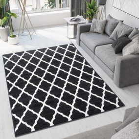 Black White Monochrome Classic Trellis Living Room Rug 120x170cm