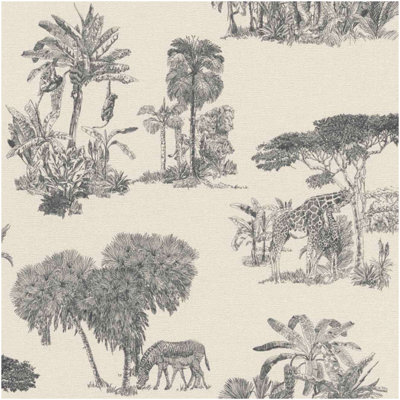 Black White Safari Toile Wallpaper Giraffe Zebra Tropical Tree Pattern