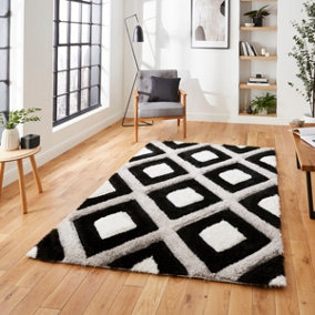 Black White Shaggy Modern Easy to Clean Geometric Rug For Dining Room -120cm X 170cm