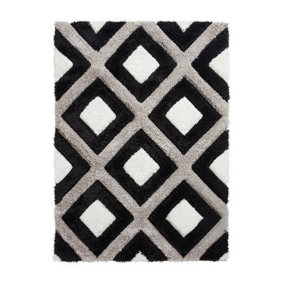 Black White Shaggy Rug, 40mm Thickness Geometric Rug, Modern Black White Rug for Bedroom, & DiningRoom-80cm X 150cm