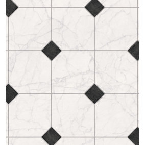 Black&White Tile Effect Anti-Slip Vinyl Sheet For DiningRoom LivingRoom Hallways And Kitchen Use-1m X 2m (2m²)