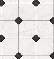 Black&White Tile Effect Anti-Slip Vinyl Sheet For DiningRoom LivingRoom Hallways And Kitchen Use-4m X 3m (12m²)