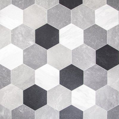 Black & White Tile Style Soft Lino Flooring 2m Width Sheet Vinyl R10 Slip Resistance