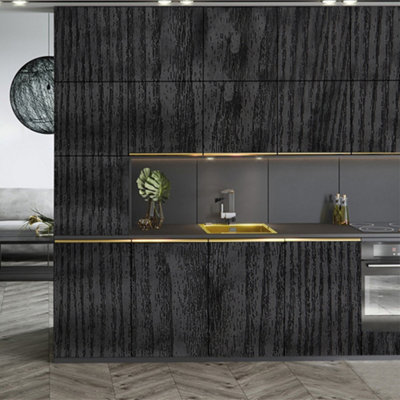 Black Wood Grain Texture Wallpaper Vinyl Waterproof Self Adhesive Wallpaper Roll for Kitchen,Furniture L 200 cm x W 60 cm