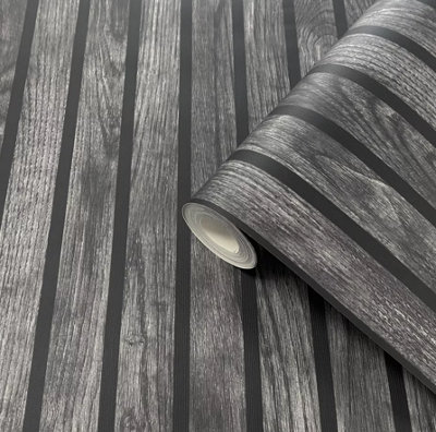 BLACK WOOD SLATS MURIVA REALISTIC EFFECT QUALITY GREY 3D EFFECT 102576