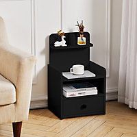 Black Wooden Bedside Table Nightstand with 1 Drawer and Storage Shelf