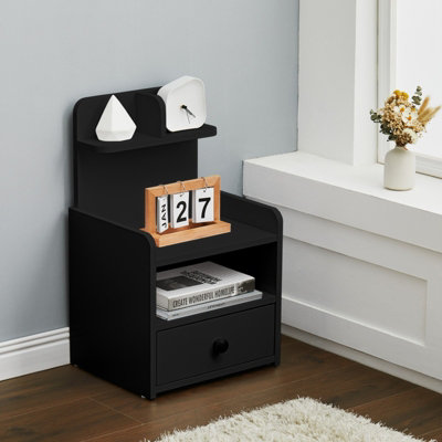 Black Wooden Bedside Table Nightstand with 1 Drawer and Storage Shelf