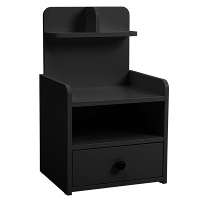 Black Wooden Bedside Table Nightstand with 1 Drawer and Storage Shelf