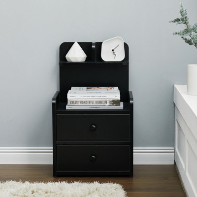 Black Wooden Bedside Table Nightstand with 2 Drawer and Storage Shelf