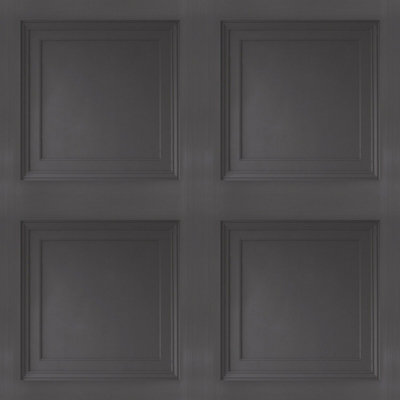 Black Wooden Panel 3D Effect Realistic Square Panelling Flat Finish Wallpaper