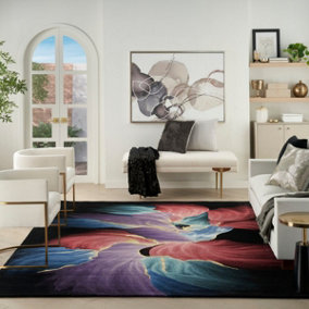 Black Wool Modern Luxurious Easy to Clean HandMade Abstract Optical/ (3D) Dining Room Bedroom and Living Room Rug -114cm X 175cm