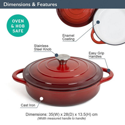 Blackmoor 67619 28cm Red Cast Iron Low Casserole Dish With Lid