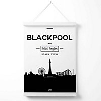Blackpool Black and White City Skyline Poster with Hanger / 33cm / White