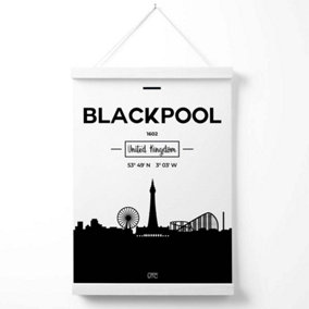 Blackpool Black and White City Skyline Poster with Hanger / 33cm / White