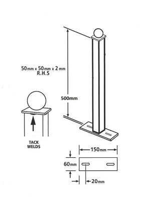 Blank Metal Post 50x50x500mm Bolt-Down Ball Top for railings & fencing BP50X500BZP