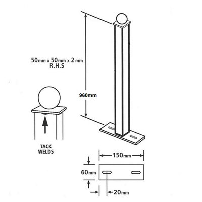 Blank Metal Post 50x50x960mm Bolt-Down Ball Top for railings & fencing BP50X960BZP