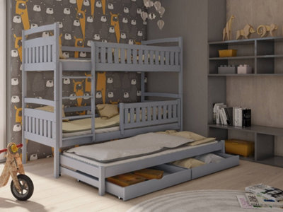 Blanka Contemporary Pine Bunk Bed with Trundle Bed 2 Storage Drawers in Grey (L)1980mm (H)1640mm (W)980mm